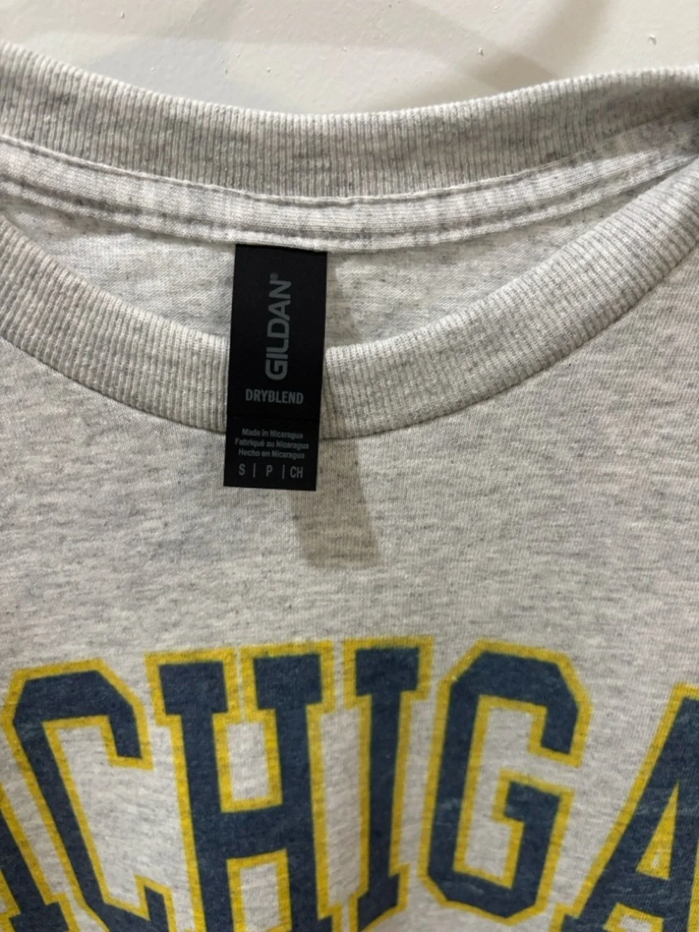 Gildan Heather Gray Tee with Navy and Yellow Michigan Arch - Picture 2 of 6